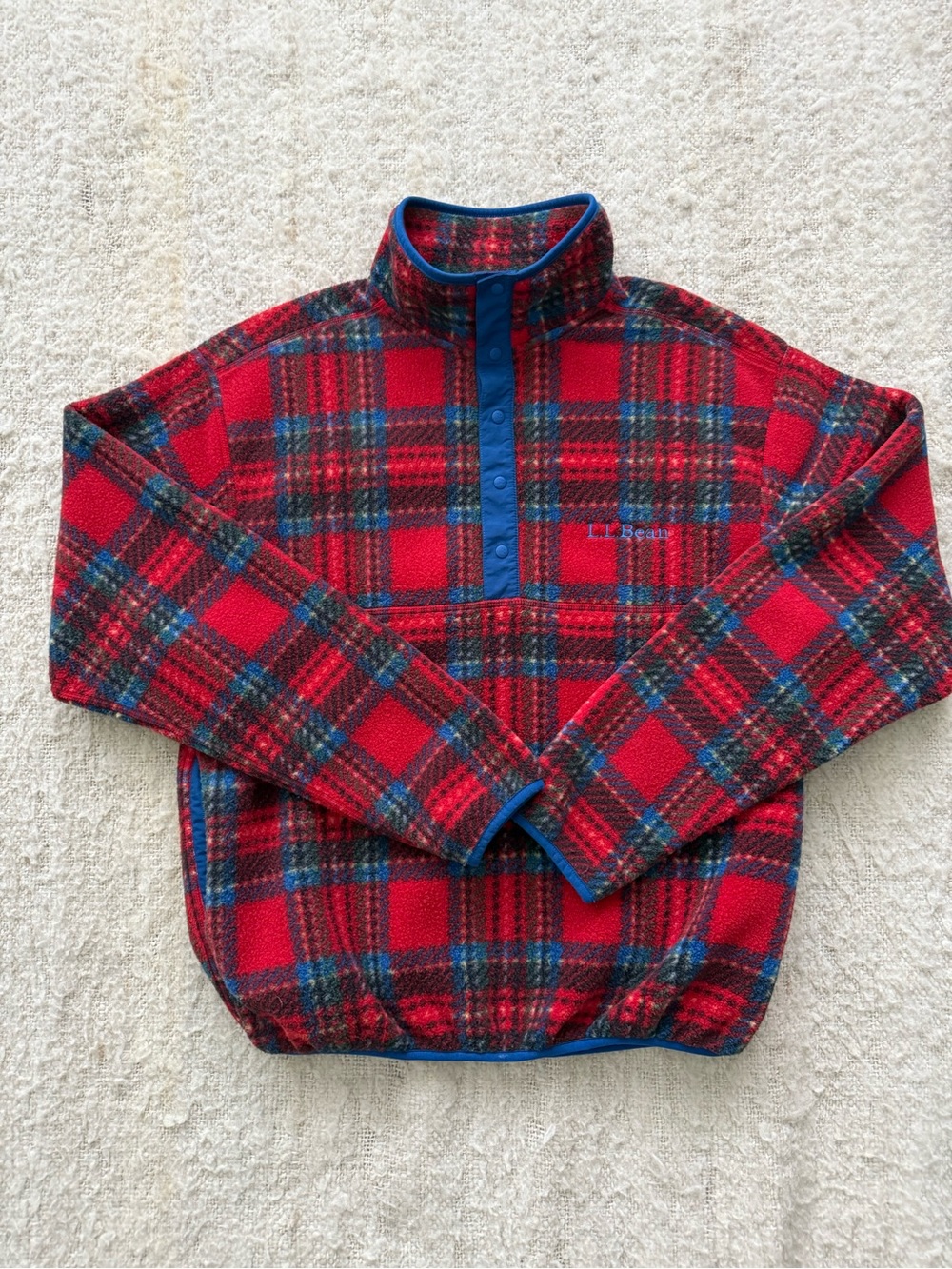 L.L. Bean Red and Blue Plaid Fleece Snap‑Placket Pullover